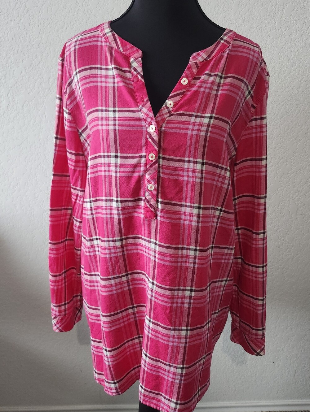 Talbots Size XL-P Pink/White Plaid V-neck Long Sleeve Tunic Top